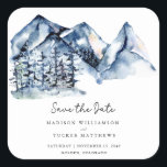 Sticker Carré Blue Watercolor Mountain Rustic Boho Enregistrer l<br><div class="desc">Blue Watercolor Mountain Rustic Boho Save the Date Sticker Carré avec un magnifique paysage de montagne aquarelle avec de grands pins à feuillage persistant,  script manuscrit et typographie moderne pour une sensation propre et minimaliste.</div>