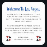 Sticker Carré Blue Welcome to Las Vegas Mariage Welcome Basket<br><div class="desc">Se marier à Las Vegas ? Ces autocollants bleu marine et blanc ajouteraient à la corbeille de bienvenue de votre hôtel. Personnalisez avec votre propre texte sincère.</div>