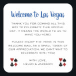 Sticker Carré Blue Welcome to Las Vegas Mariage Welcome Basket<br><div class="desc">Se marier à Las Vegas ? Ces autocollants bleu marine et blanc ajouteraient à la corbeille de bienvenue de votre hôtel. Personnalisez avec votre propre texte sincère.</div>