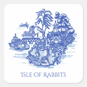 Sticker Carré Blue Willow I Love Rabbits Classic Chinoiserie