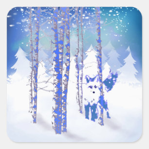 Sticker Carré Blue Winter Forêt de neige Fox animal
