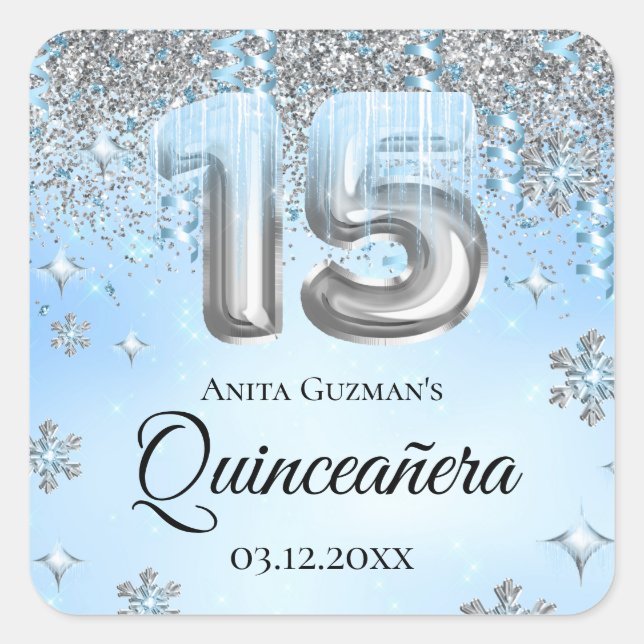 Sticker Carré Blue Winter Wonderland Balloons Quinceanera (Devant)