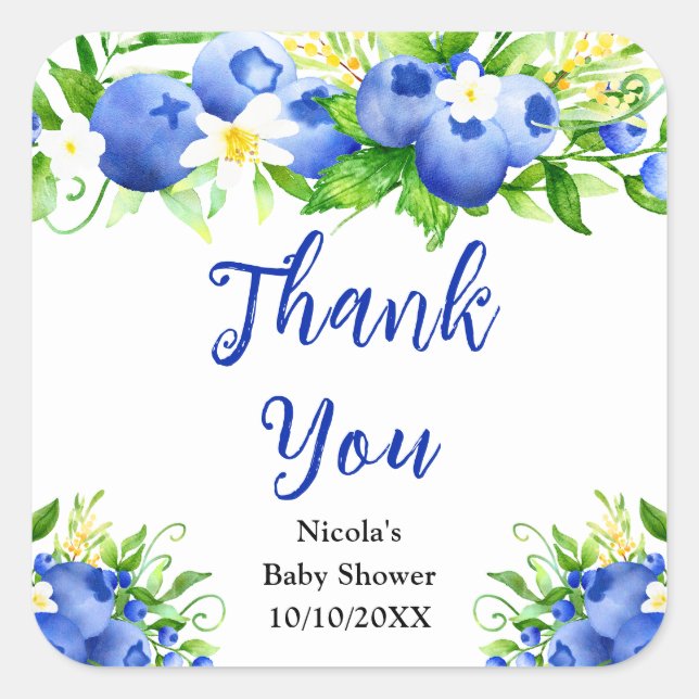 Sticker Carré Blueberry Floral Baby Shower Thank You (Devant)