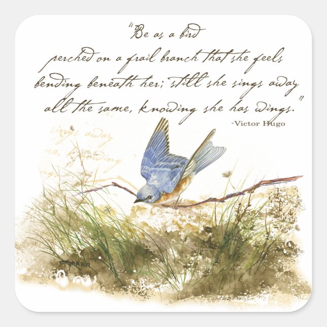 Sticker Carré Bluebird on Branch Inspiration poem Aquarelle (Devant)