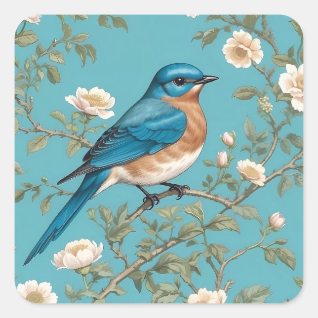 Sticker Carré Bluebird William Morris Inspiré Turquois (Devant)