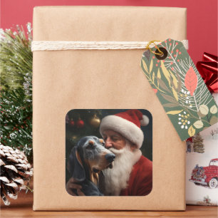 Sticker Carré Bluetick Coonhound avec le Père Noël Noël