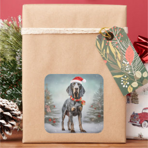 Sticker Carré Bluetick Coonhound Dog en Noël de neige
