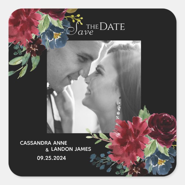 Sticker Carré Blush Bourgogne Photo Floral Élégant Aquarelle (Devant)