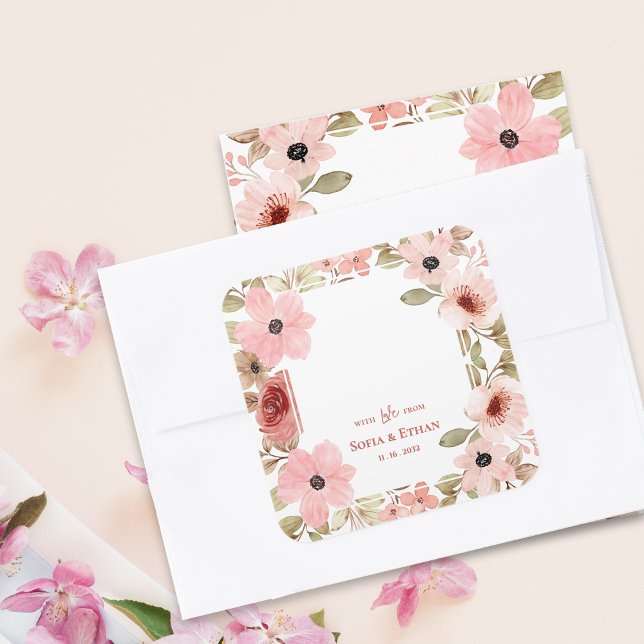Sticker Carré Blush Pink Floral Wedding Thank You Favor (Blush Pink Floral Wedding Thank You Favor Square Sticker)
