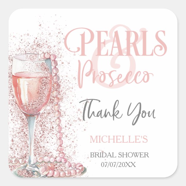 Sticker Carré Blush Pink Glitter Perles et Prosecco Merci (Devant)