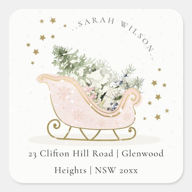 Sticker Carré Blush Pink Gold Winter Sleigh Adresse de Noël (Devant)