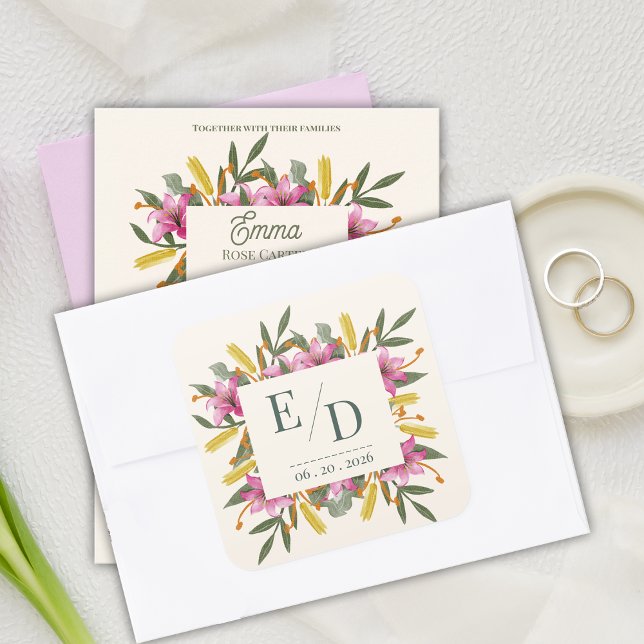 Sticker Carré Blush Pink Lily Botanical Wedding Monogram (Blush Pink Lily Botanical Wedding Monogram Sticker | Romantic Watercolor Floral Envelope Seal)