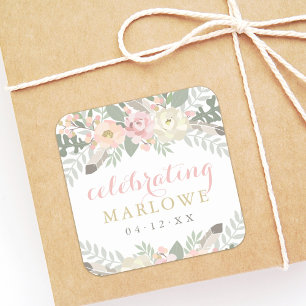 Sticker Carré Blush Pink Or Floral Personnalisé Mariage Nom de l