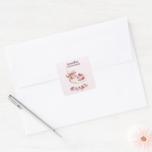 Sticker Carré Blush Pink Patisserie Café Branding Aquarelle