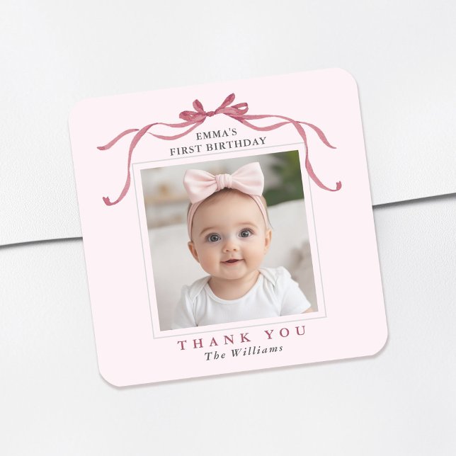 Sticker Carré Blush Pink Red Bow Birthday Thank You  (Créateur téléchargé)