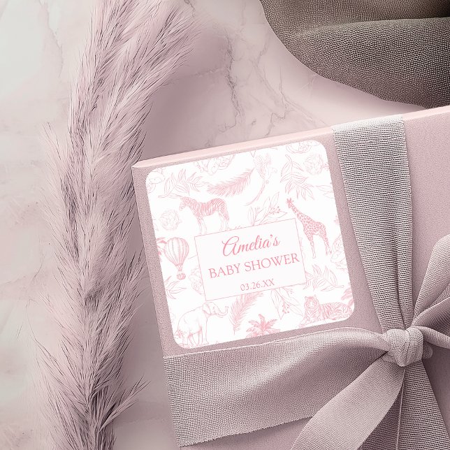 Sticker Carré Blush Pink Safari Jungle Animals Baby Shower  (Créateur téléchargé)