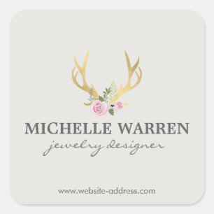 Sticker Carré Bohème Antlers en or avec Fleurs II Personnalisé