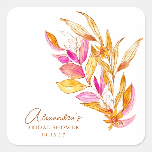 Sticker Carré Boho Aquarelle Botanique Rose Doré Baby Shower Mar (Devant)