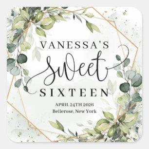 Sticker Carré Boho aquarelle eucalyptus or sweet sixteen