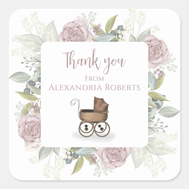 Sticker Carré Boho Baby shower rose Merci Floral Vintage (Devant)