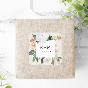 Sticker Carré Boho Blooms Moderne Floral Mariage Monogramme