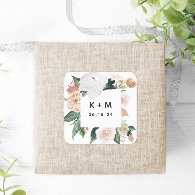 Sticker Carré Boho Blooms Moderne Floral Mariage Monogramme (Créateur téléchargé)