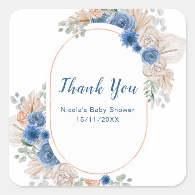 Sticker Carré Boho Blue Pampas Grass Baby Shower (Devant)