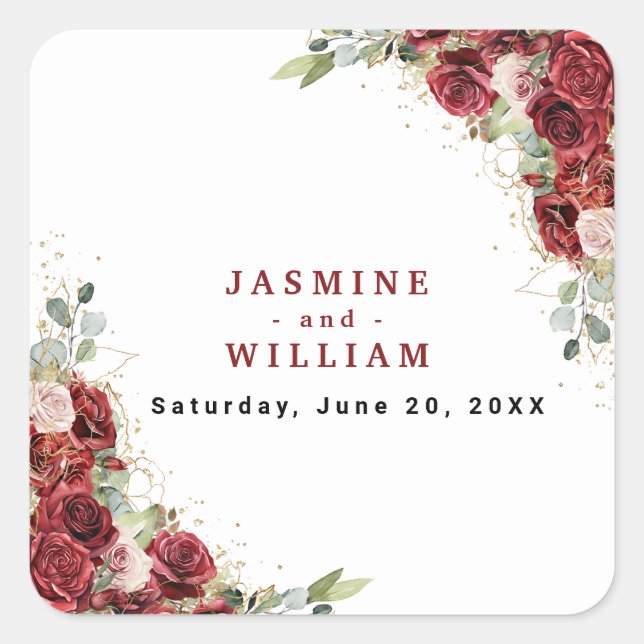 Sticker Carré Boho Blush Bourgogne Floral Or Mariage géométrique (Devant)