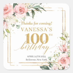 Sticker Carré Boho Blush rose fleuri eucalyptus 100e anniversair