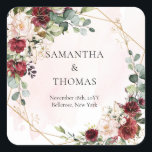 Sticker Carré Boho burgundy fleurie or mariage géométrique<br><div class="desc">Oh, laissez-moi vous parler de la superbe collection de papeterie mariage Blush Burgundy, eucalyptus et cadre or roses ! Imaginez de délicats roses de Bourgogne rousse entrelacés de feuilles d'eucalyptus frais, élégamment encadrés d'accents dorés chatoyants - c'est une combinaison rêveuse qui exsude romance et sophistication. Cette collection est parfaite pour...</div>