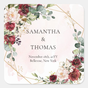 Sticker Carré Boho burgundy fleurie or mariage géométrique