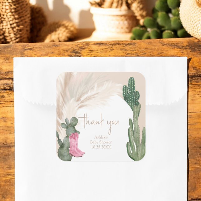 Sticker Carré Boho cactus pampas bottes baby shower du désert (Boho cactus pampas boots desert baby shower square sticker)