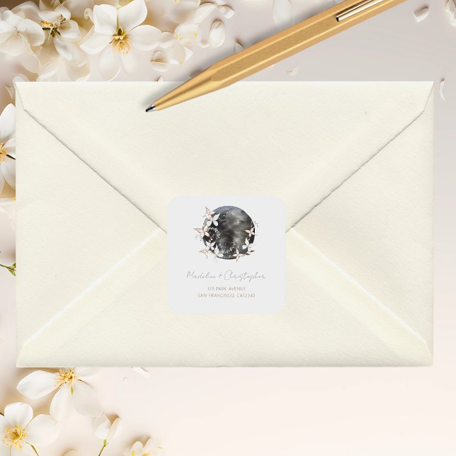 Sticker Carré Boho Celestial Moon Floral Mariage Adresse (Créateur téléchargé)