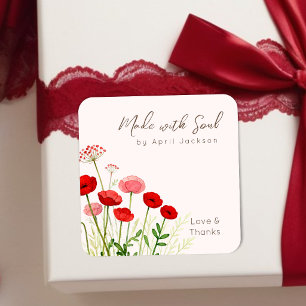 Sticker Carré Boho Coquelicots Rouges Champ Aquarelle Florale TM