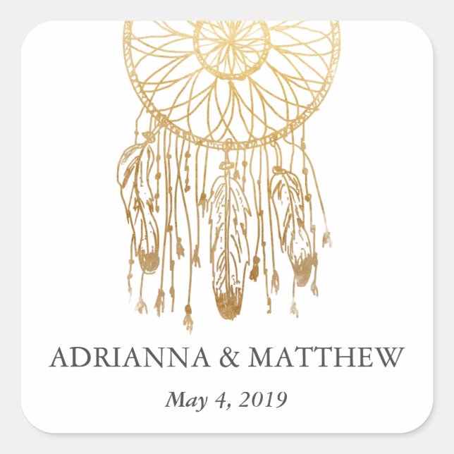 Sticker Carré Boho Dream Catcher Faux Gold Foil Mariage tribal (Devant)