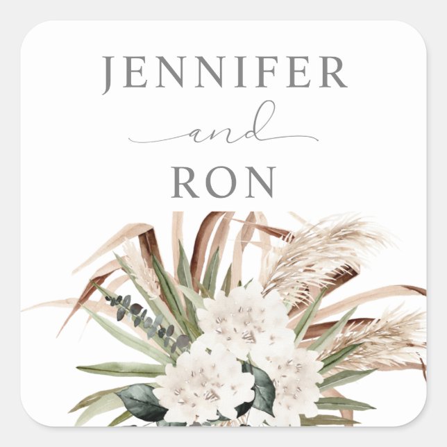 Sticker Carré Boho Eucalyptus Pampas Grass & Beige Floral (Devant)