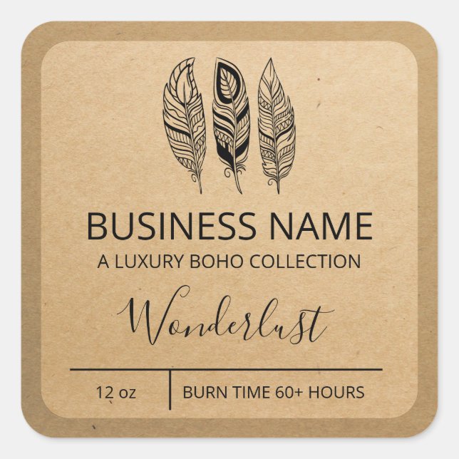 Sticker Carré Boho Feather Design Kraft Papier Soy Chandelle Éti (Devant)