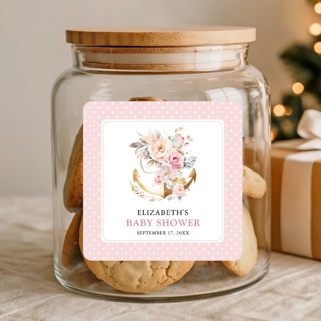 Sticker Carré Boho Floral Anchor Girl Baby Shower  (Créateur téléchargé)