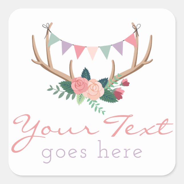 Sticker Carré Boho Floral Antlers & Shabby Rose Party Bund (Devant)