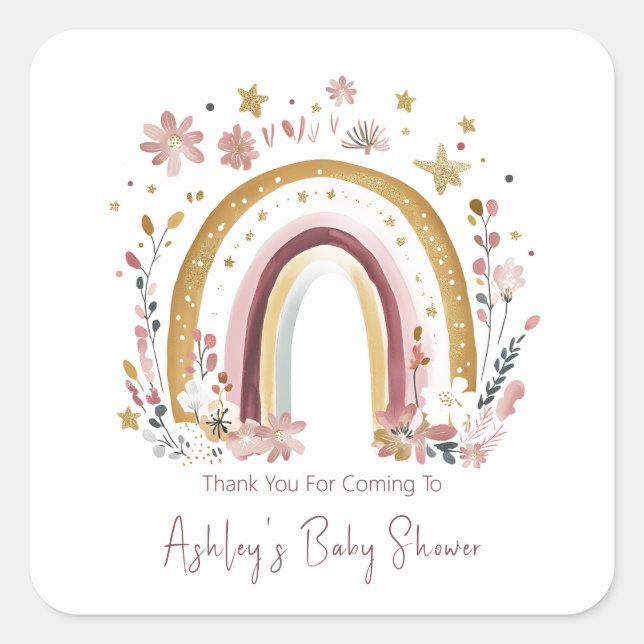 Sticker Carré Boho Floral Baby shower arc-en-ciel Merci (Devant)
