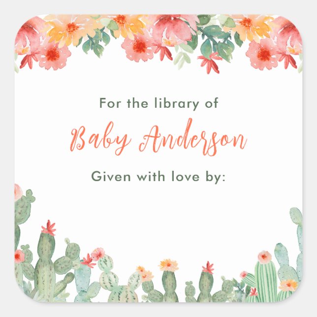Sticker Carré Boho Floral Cactus Baby Library Plaque de biblioth (Devant)