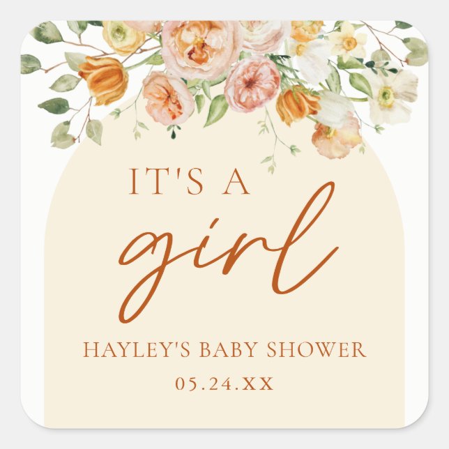 Sticker Carré Boho Flowers Girl Baby shower C'est une fille (Devant)