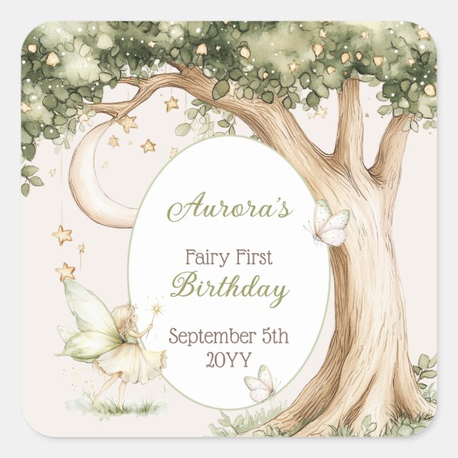 Sticker Carré Boho Forest Watercolor Fairy First birthday (Devant)