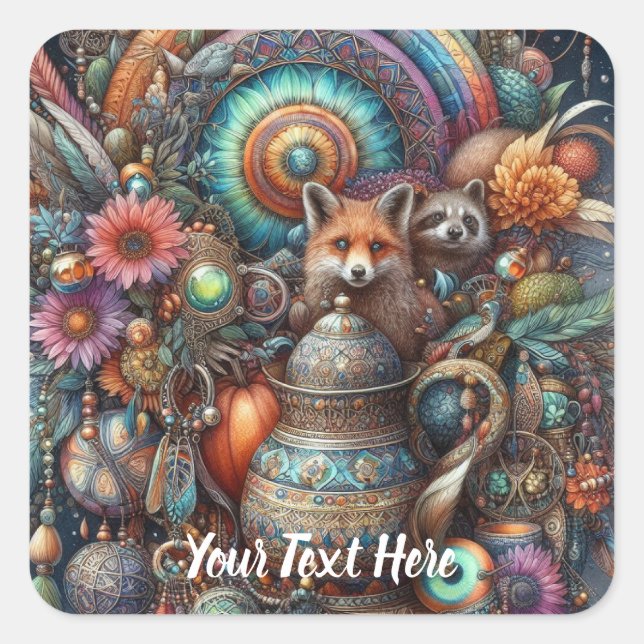 Sticker Carré Boho Fox Raccoon Floral Design (Devant)