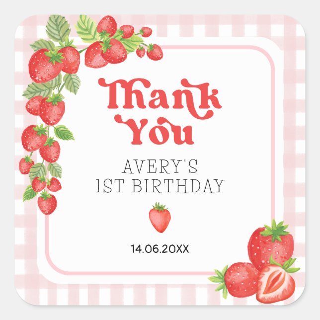 Sticker Carré Boho fraise Berry Premier anniversaire Merci (Devant)