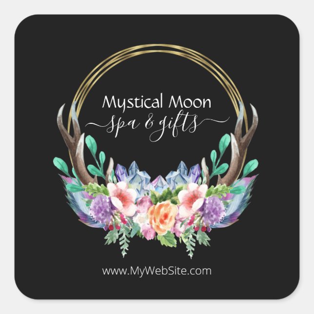 Sticker Carré Boho Gold Crystal Cluster Flowers Feather Business (Devant)