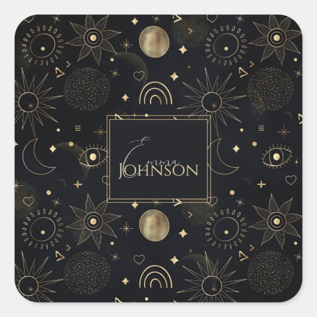 Sticker Carré Boho Gold Space doodles Black Design (Devant)