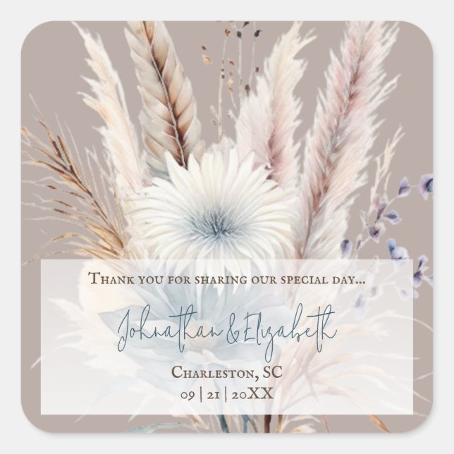 Sticker Carré Boho hiver Floral Mariage Faveur | Beige (Devant)