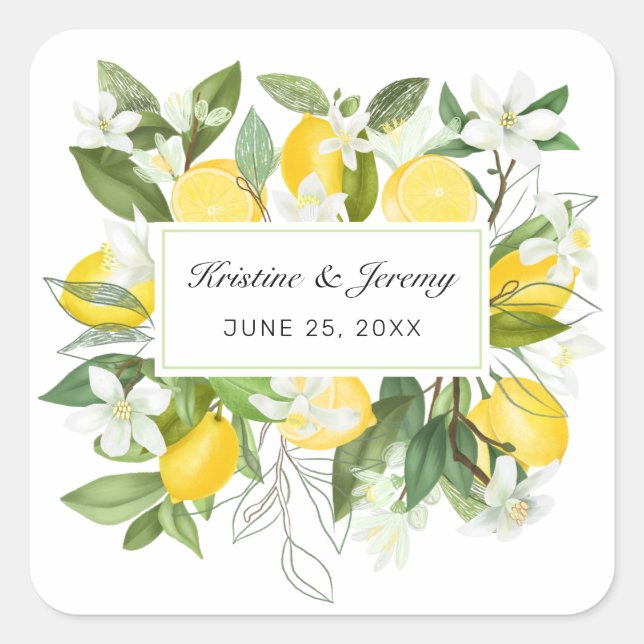 Sticker Carré Boho Lemons Aquarelle Floral Mariage (Devant)