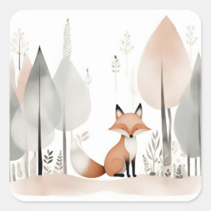 Sticker Carré Boho minimaliste Cute Fox dans les bois